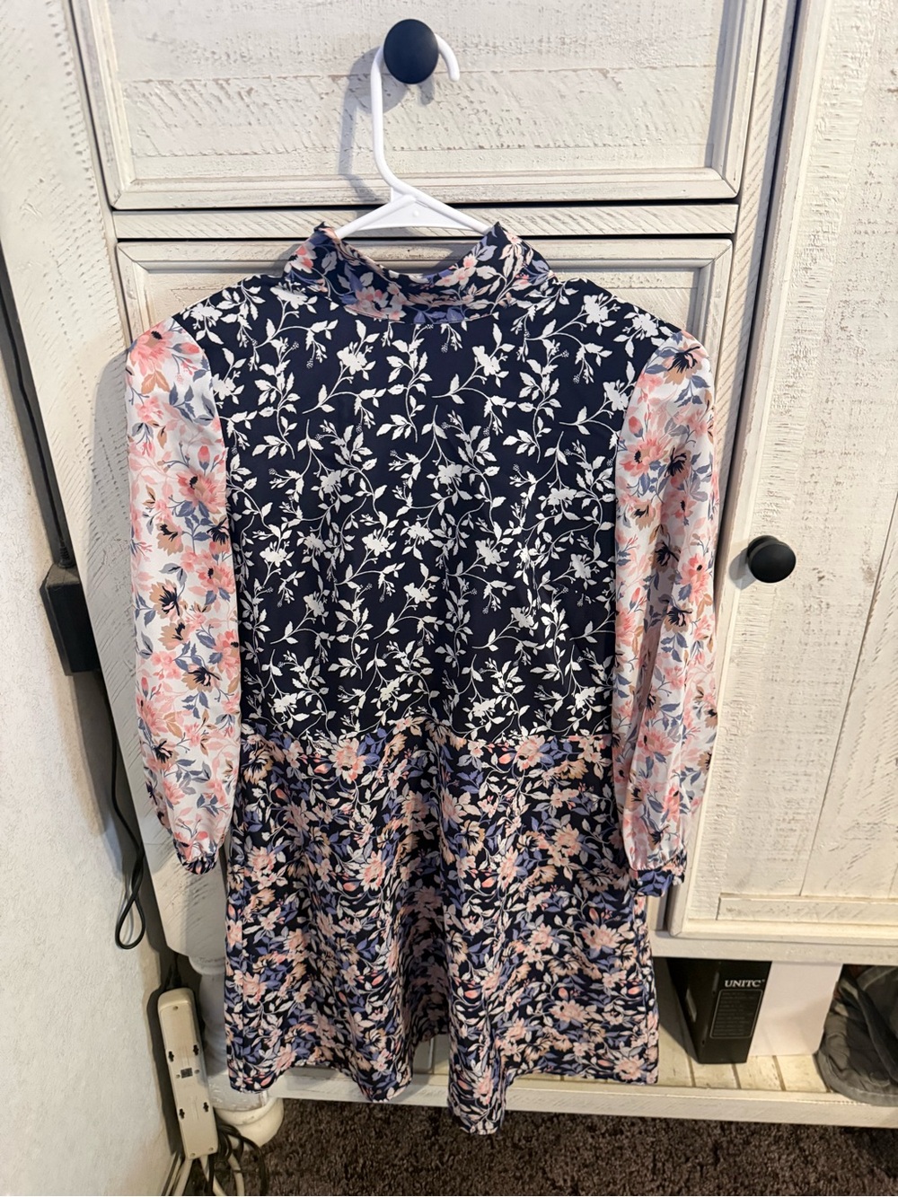 1901 Navy and Pink Floral Long-Sleeve Dress